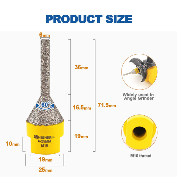 HIGHDRIL Diamond Vacuum Brazed Milling Bits with 5/8-11 or M14 or M10 Thread for Porcelain Ceramic Marble Granite Dia 6-25mm