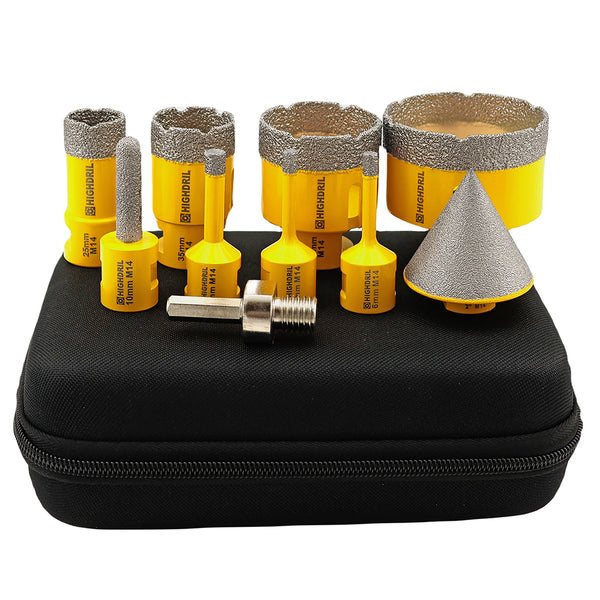 HIGHDRIL Diamond Drilling Bit 9pcs 6/8/25/35/50mm Core Bit+55mm Chamfer+10mm Milling+Adapter Porcelain Granite Marble Hole Saw M14