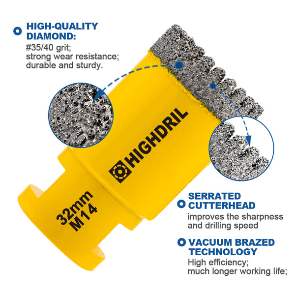 HIGHDRIL Diamond Drill Bit 1pc 20/25/30/32/35/50/68/110MM Granite Marble Ceramic Tile Vacuum Brazed Hole Saw M14 Thread