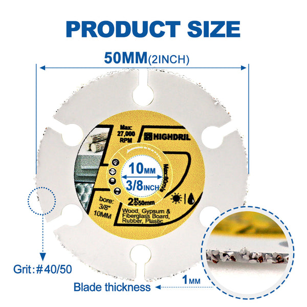 HIGHDRIL Vacuum Brazed Carbide Cut-Off Wheel Blade for Wood Board Gypsum Board Rubber Pipe Plastic Dia 2"/3''