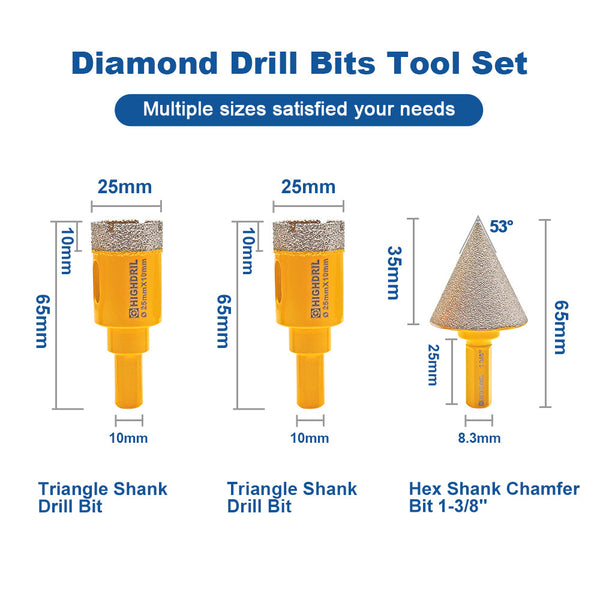 HIGHDRIL Diamond Core Bits 3pcs/set 25/25mm Core Bit Triangle Shank+35mm Chamfer Hex Shank Ceramic Granite Marble