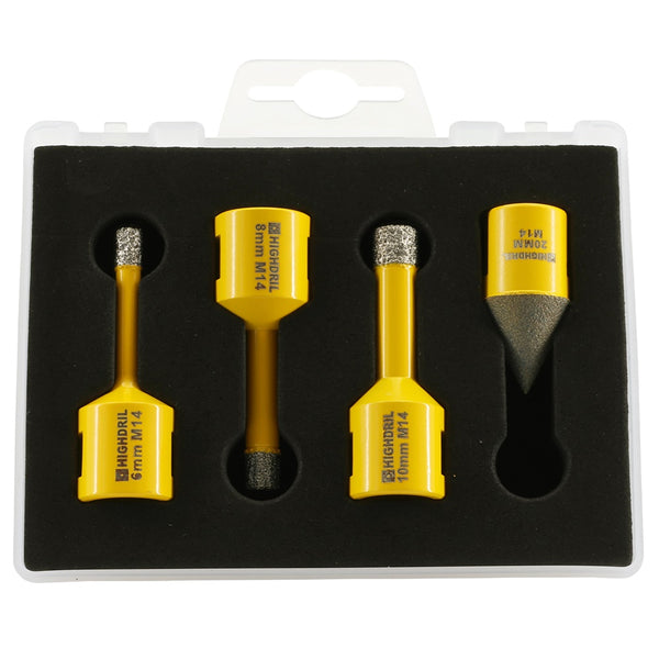 HIGHDRIL Diamond Core Bit 4pcs/set Dia 6/8/10mm Drill Bit+20mm Chamfer Bit Marble Stone Porcelain Granite M14 Thread