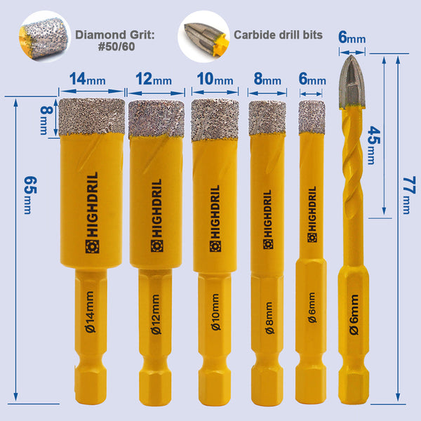 HIGHDRIL Diamond Vacuum Brazed Quick-fit Shank Drill Bits for Granite Marble Masonry Hard Plastic 6/8/10/12/14mm