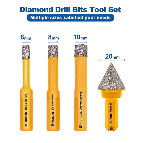 HIGHDRIL Diamond Core Bit Vacuum Brazing 4pcs/box Dia 6/8/10mm+20mm Chamfer Bit Porcelain Tile Granite Marble Hole Saw