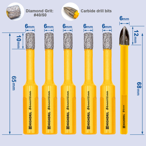 HIGHDRIL Diamond Core Bit 6pcs/set 6/6/6/6/6mm Drill Bit+ 6mm Positioning Bit Porcelain Marble Granite Hole Saw Triangle Shank