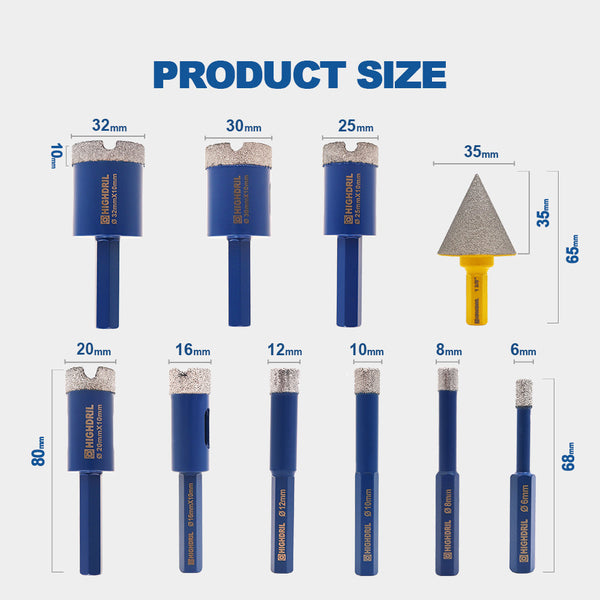 HIGHDRIL Diamond Drill Bits 10pcs 6/8/10/12/16/20/25/30/32mm Core Bit+35mm Chamfer Ceramic Marble Granite Hexagon Shank