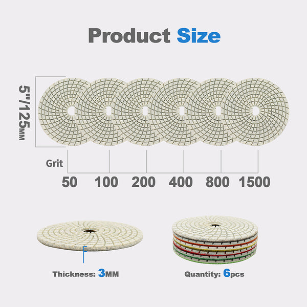 HIGHDRIL Wet Diamond Polishing Pads for Granite Marble Ceramic Dia 5 inch/125mm 6pcs/set