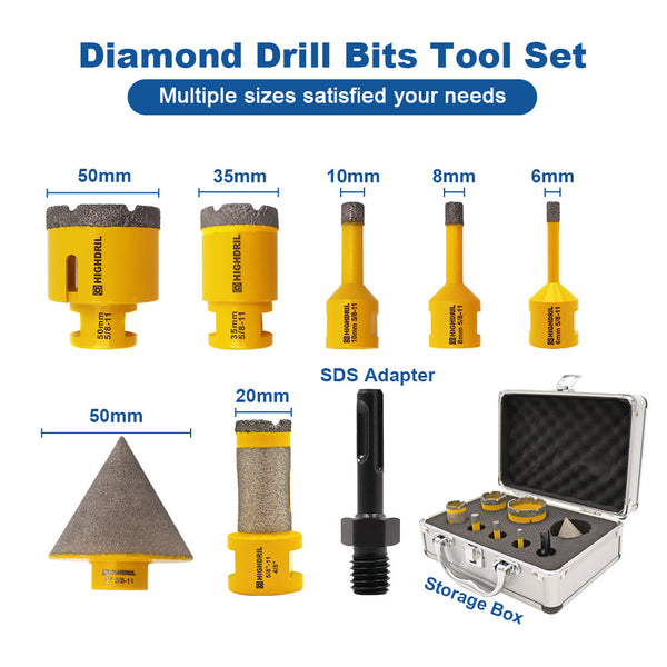 HIGHDRIL Diamond Drill Bits Kit with 5/8-11 Thread for  Porcelain Tile Granite Marble 1set/8pcs 6/8/10/35/50mm+20mm Drilling Milling Bit+50mm Chamfer Bit+SDS Adapter