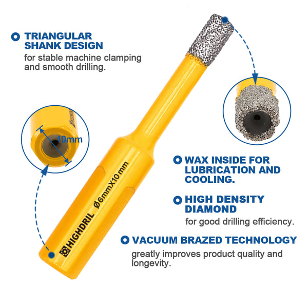 HIGHDRIL Diamond Core Bit 6pcs/set 6/6/6/6/6mm Drill Bit+ 6mm Positioning Bit Porcelain Marble Granite Hole Saw Triangle Shank