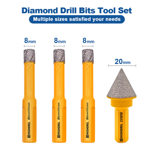 HIGHDRIL Diamond Core Bit 4pcs/box Dia 8/8/8mm+ 20mm Chamfer Bit Porcelain Tile Granite Marble Stone Vacuum Brazing Hole Saw