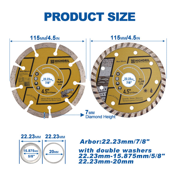 HIGHDRIL Dry Diamond Saw Blade and Corrugated Cutting Disc for Porcelain Granite Paver Concrete Dia 4''/4.5''/5'' 2pcs/set