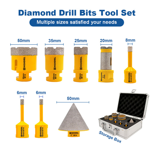 HIGHDRIL Diamond Core Bit 8pcs/Box 6/6/8/25/35/50mm Drill Bit+2" Chamfer Bit+Milling Finger Bit Porcelain Granite Marble Hole Saw M14 Thread