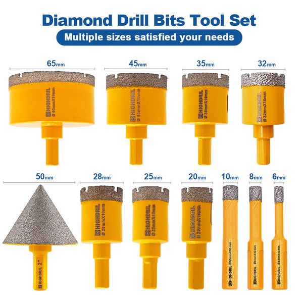 HIGHDRIL Diamond Core Bits Triangle Shanks 11pcs/set Drill Bit+Chamfer Bit Granite Marble Ceramic Vacuum Brazing Hole Saw