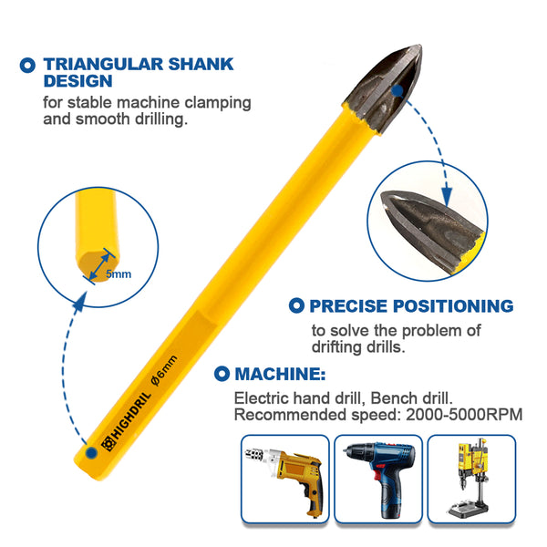 HIGHDRIL Diamond Drill Bit 6pcs/set 6/6/6/8/10mm Drill Bit+6mm Positioning Bit Marble Porcelain Tile Granite Triangle Shank