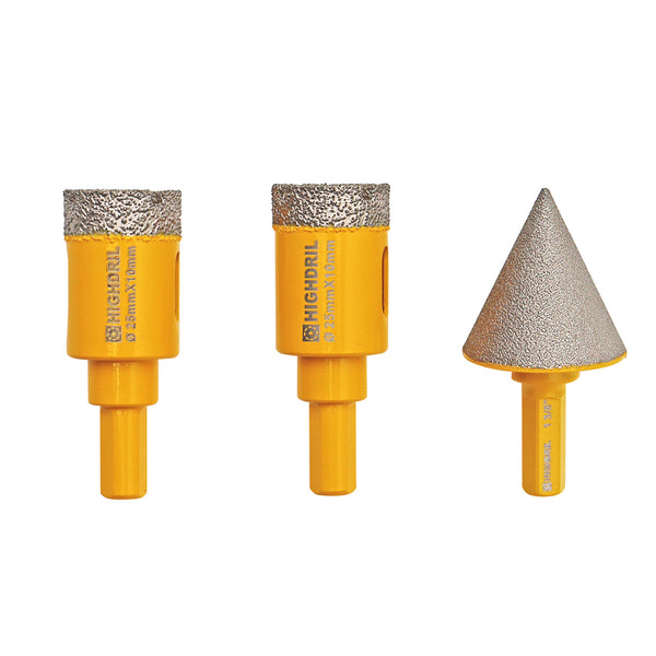 HIGHDRIL Diamond Core Bits 3pcs/set 25/25mm Core Bit Triangle Shank+35mm Chamfer Hex Shank Ceramic Granite Marble