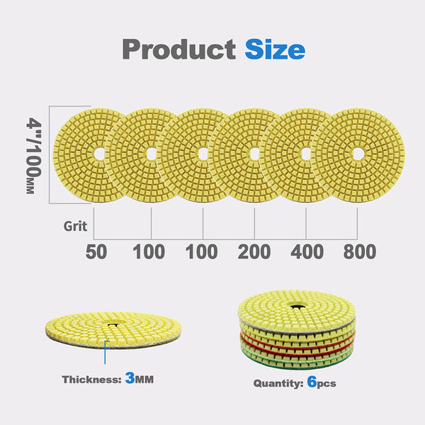 HIGHDRIL Wet Diamond Polishing Pads for Granite Marble Ceramic Dia 4 inch/100mm 6pcs/set