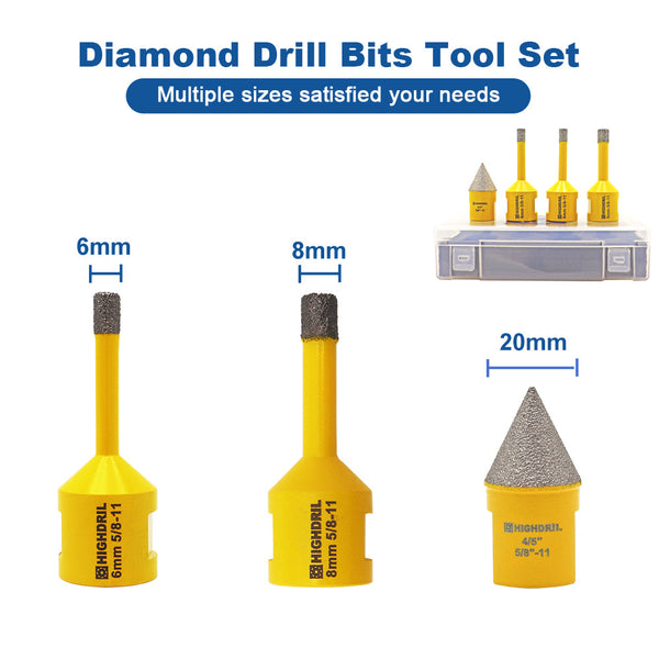 HIGHDRIL Diamond Core Bit 4pcs/set Vacuum Brazed Dia 6/6/8mm+20mm Chamfer Bit Chamfering Enlarging Grinding holes for Porcelain Tile Granite Marble 5/8"-11