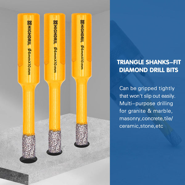 HIGHDRIL Diamond Vacuum Brazed Triangular Shank Drill Bits for Granite Marble Masonry Hard Plastic Glass Ceramic Dia 6/8/10mm