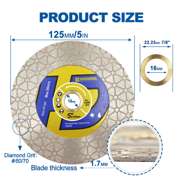 HIGHDRIL Diamond Cutting Disc Hexgonal Double Sided Grinding Dia 5"/125mm for  Marble Ceramic Porcelain Tile Stone Saw Blade