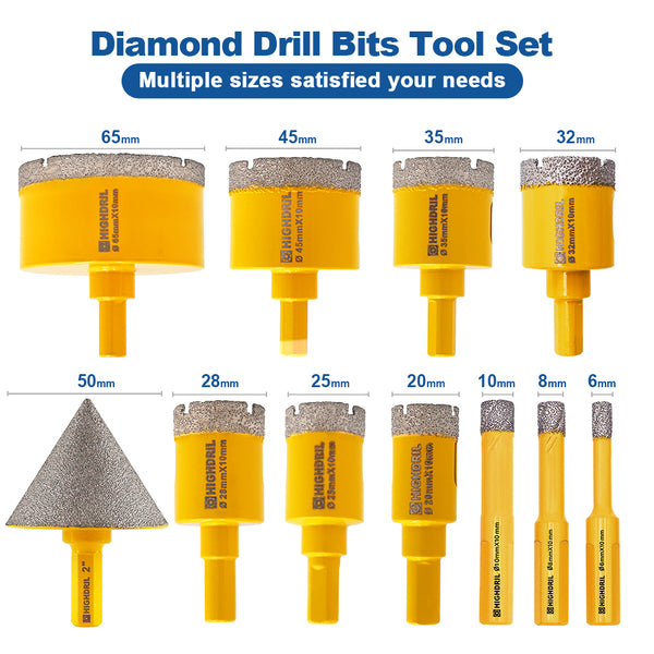 HIGHDRIL Diamond Drilling Bits 11pcs/set 6-65mm Core Bit+50mm Chamfer Granite Marble Tile Hole Saw Triangle Shank