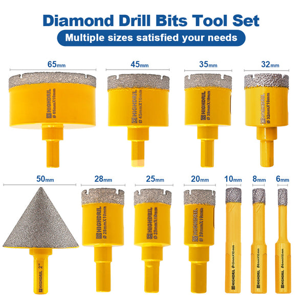 HIGHDRIL Diamond Drilling Bits 11pcs/set 6-65mm Core Bit+50mm Chamfer Granite Marble Tile Hole Saw Triangle Shank