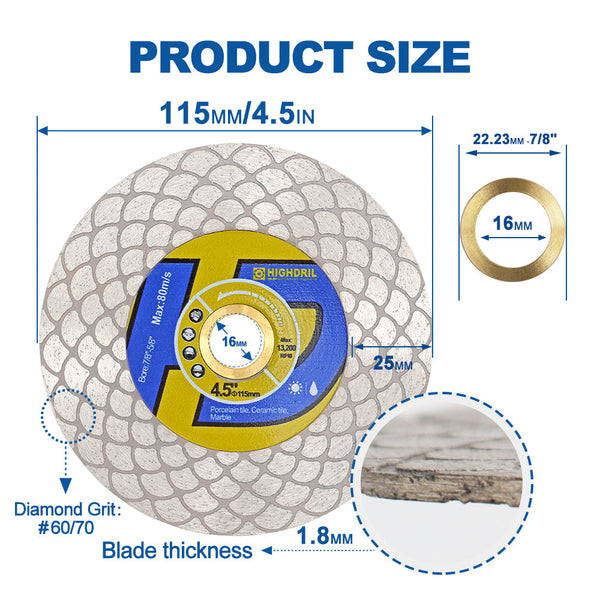 HIGHDRIL Diamond Cutting and Grinding Disc Double Sided Fan Shaped 1/2pcs 115/125mm Ceramic Porcelain Marble Stone Saw Blade