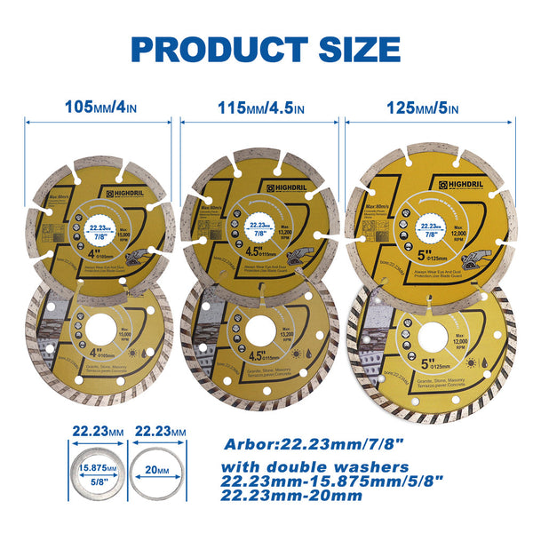 HIGHDRIL Dry Diamond Saw Blade and Corrugated Cutting Disc for Porcelain Granite Paver Concrete Dia 4''/4.5''/5'' 2pcs/set