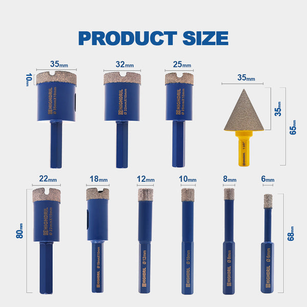 HIGHDRIL Diamond Drill Bits 10pcs 6/8/10/12/18/22/25/32/35mm Core Bit+35mm Chamfer Granite Marble Ceramic Hexagon Shank