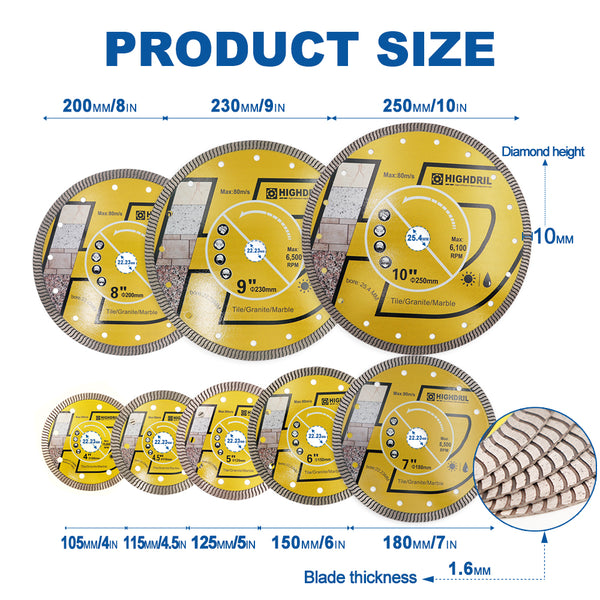 HIGHDRIL Diamond Super Thin S Ripple Saw Blade for Ceramic Tile Granite Marble Dia 4''/4.5''/5''/6''/7''/8''/9''/10''