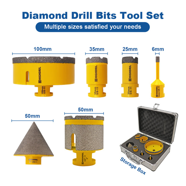 HIGHDRIL  Diamond Core Drill Bits Kit Vacuum Brazed with 5/8"-11 Thread for Porcelain Tile Ceramic Granite Marble Stone Masonry Brick