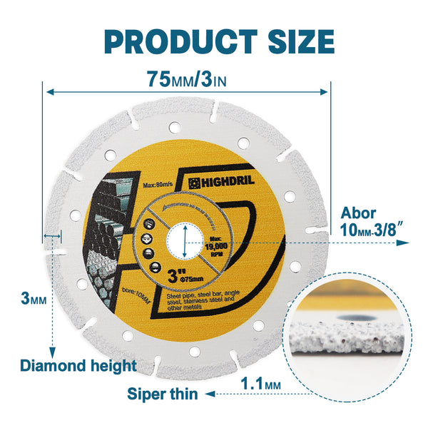 HIGHDRIL Diamond Vacuum Brazing Iron Cutting Disc for Iron Variety Metal Dia 3''/75mm