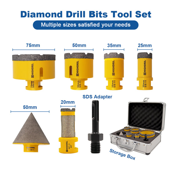 HIGHDRIL Diamond Drill Bits Kit with 5/8-11 Thread for Porcelain Tile Granite Marble 7pcs/Box 25/35/50/75mm+2" Chamfer Bit+20mm Drilling Milling Bit+SDS Adapter