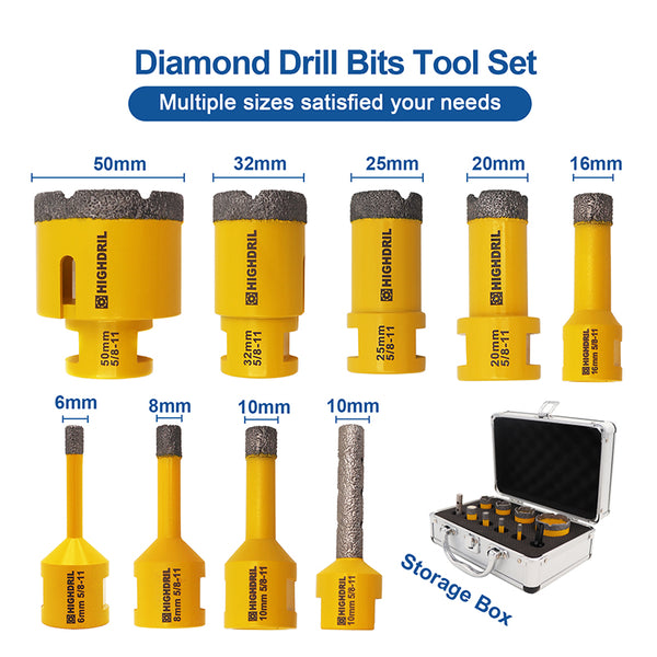 HIGHDRIL Diamond Drill Bits Kit with 5/8-11 Thread for Porcelain Tile Granite Marble 10pcs/Box 6/8/10/16/20/25/32/50mm+10mm Milling Bit+SDS Adapter