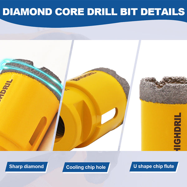 HIGHDRIL Diamond Drill Bits Kit with 5/8-11 Thread for Porcelain Tile Granite Marble 7pcs/Box 25/35/45/50/65/75mm+20mm Milling Bit