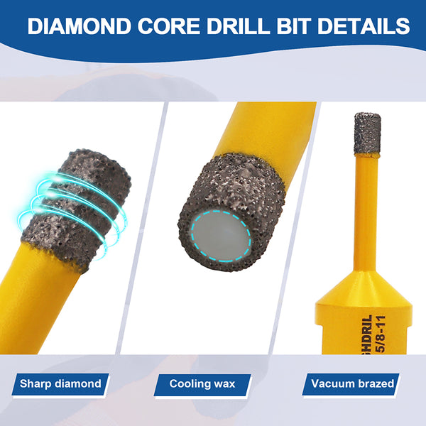 HIGHDRIL Diamond Vacuum Brazed Drilling Bits with 5/8-11 thread for Porcelain Tile Granite Marble Dia 6-152mm