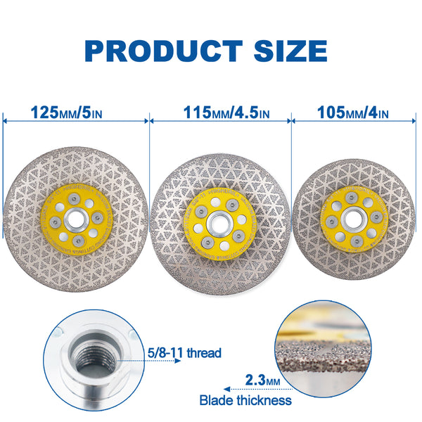 HIGHDRIL Diamond Vacuum Brazed Double-sided Cutting Disc with 5/8-11 or M14 Flange for Granite Marble Masonry Concrete 4''/4.5''/5''