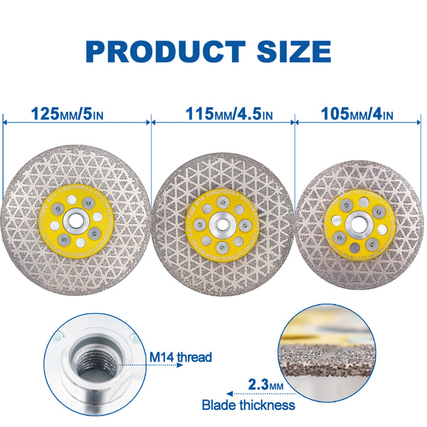 HIGHDRIL Diamond Vacuum Brazed Double-sided Cutting Disc with 5/8-11 or M14 Flange for Granite Marble Masonry Concrete 4''/4.5''/5''