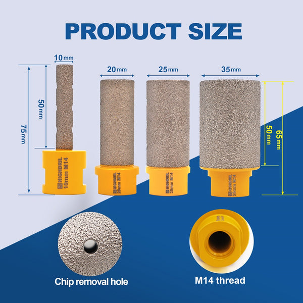 HIGHDRIL Vacuum Brazed Diamond Milling Bits with 5/8-11 or M14 Thread for Porcelain Ceramic Marble Granite 10/20/25/30/35mm