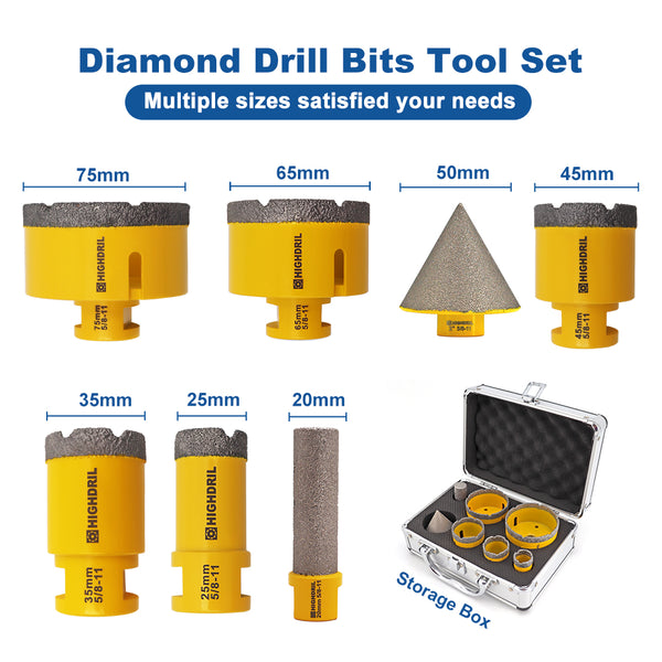 HIGHDRIL Diamond Drill Bits Kit with 5/8-11 Thread for Drill Core Holes On Porcelain Tile Granite Marble 1set/7pcs