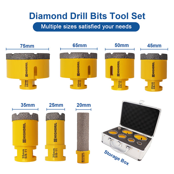 HIGHDRIL Diamond Drill Bits Kit with 5/8-11 Thread for Porcelain Tile Granite Marble 7pcs/Box 25/35/45/50/65/75mm+20mm Milling Bit