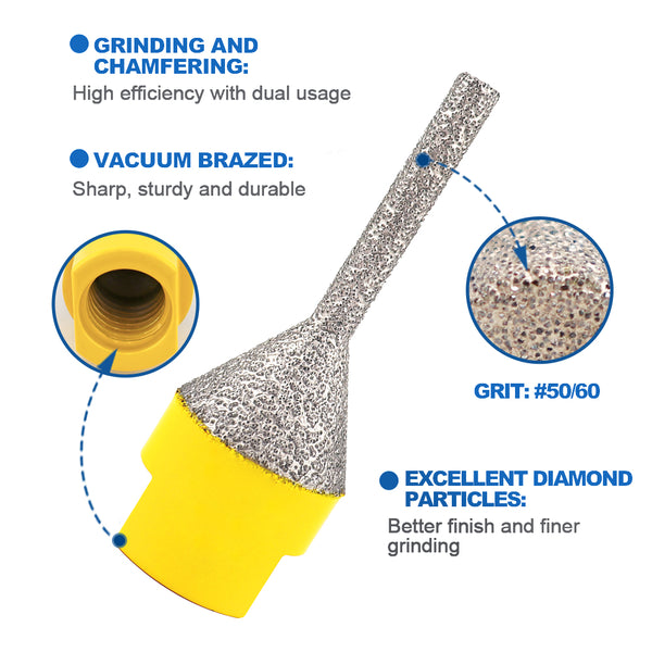 HIGHDRIL Diamond Vacuum Brazed Milling Bits with 5/8-11 or M14 or M10 Thread for Porcelain Ceramic Marble Granite Dia 6-25mm
