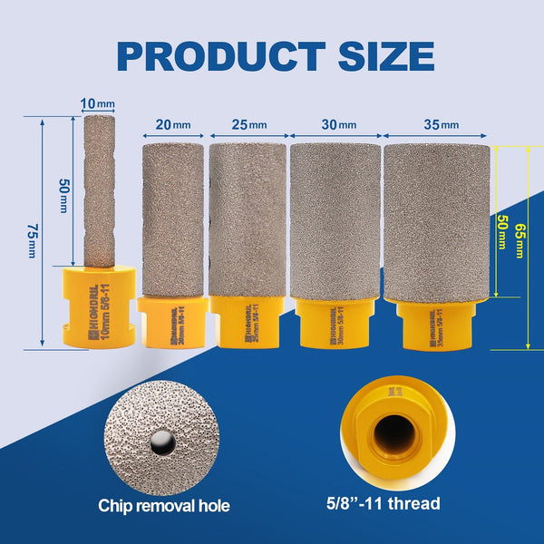 HIGHDRIL Vacuum Brazed Diamond Milling Bits with 5/8-11 or M14 Thread for Porcelain Ceramic Marble Granite 10/20/25/30/35mm